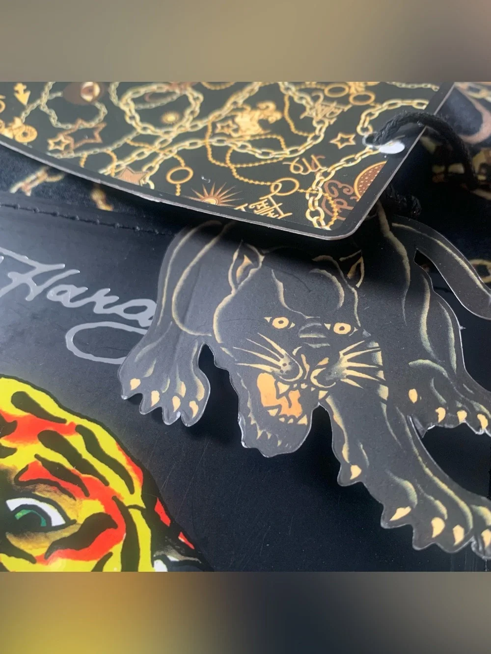 Ed Hardy Black Queen Sheet Set Gold Charm Chains Evil Eye Celestial Lion Moon